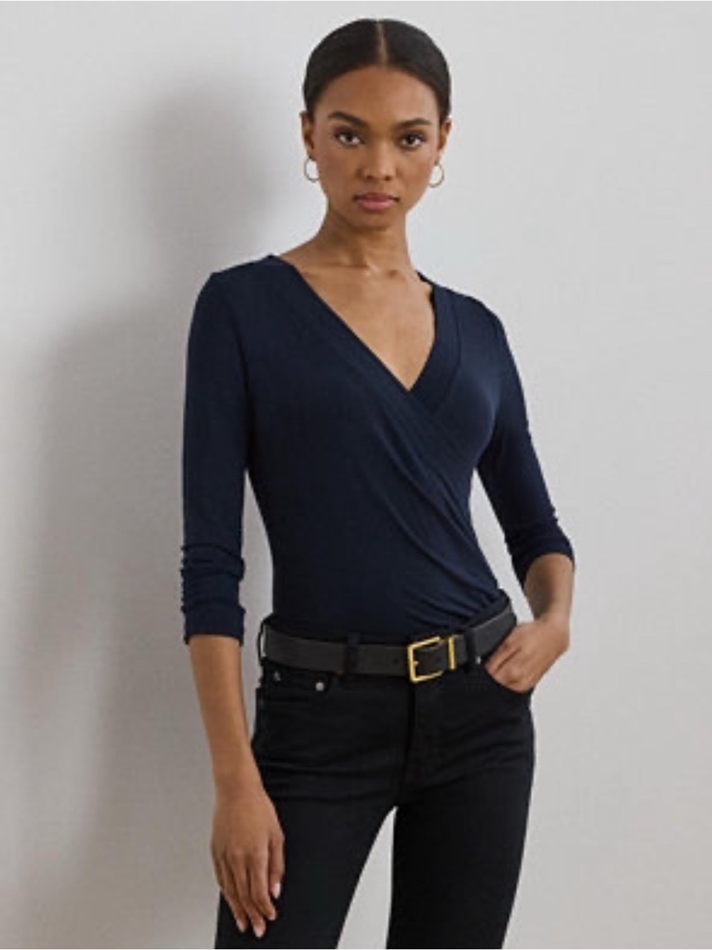 Lauren Ralph Lauren Women's  Surplice Top Black Size L Plunge Wrap Preppy Flirty